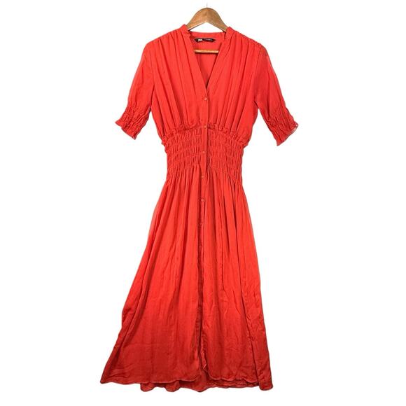 Zara Cherry Red Chiffon Blouson Midi Dress SIZE SMALL Button Front Deep V Retro - Picture 5 of 10